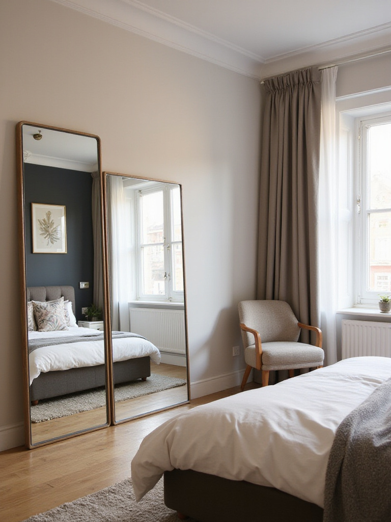 Stylish apartment bedroom featuring a full-length mirror reflecting natural light.