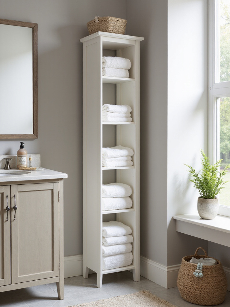 Tall, slim storage tower for linens in a compact bathroom setting