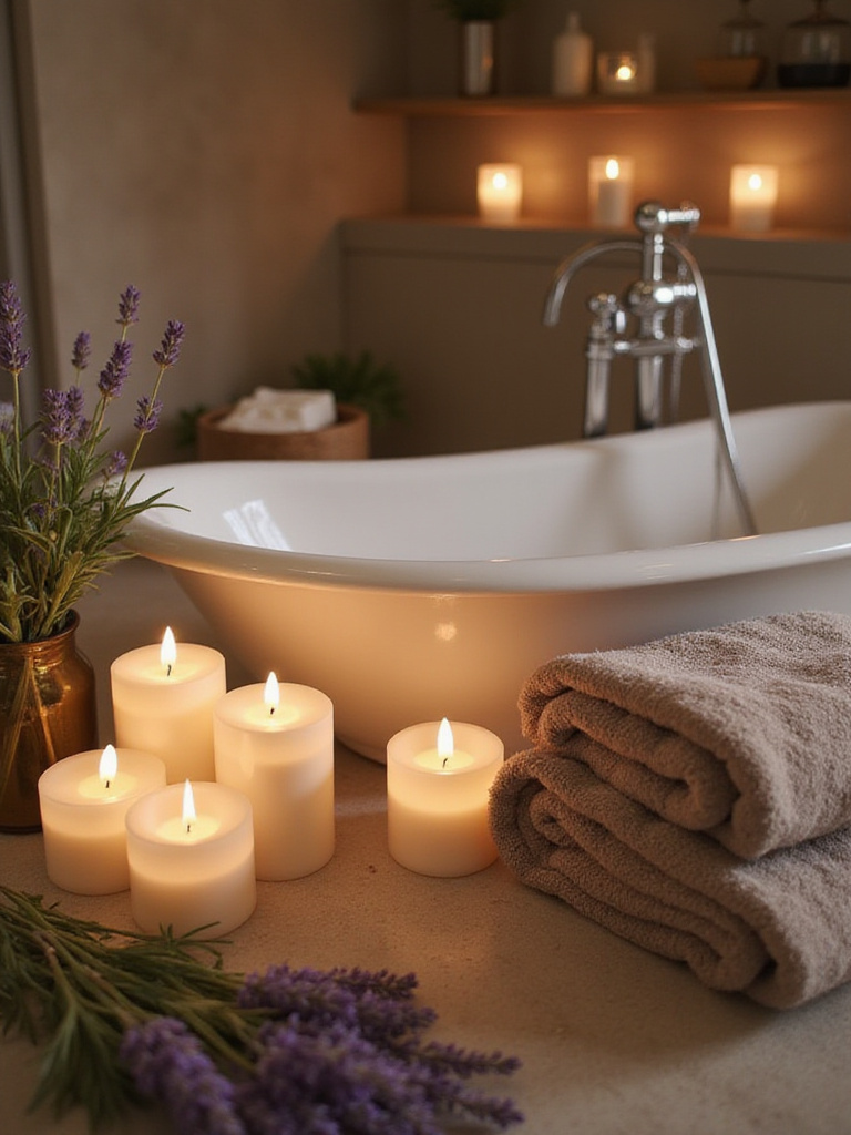 Luxurious bathroom with candles and essential oil diffusers creating a calming atmosphere