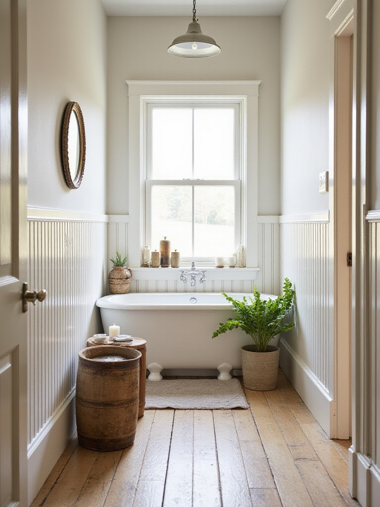 Farmhouse bathroom with beadboard paneling on the lower walls, showcasing classic architectural detail.