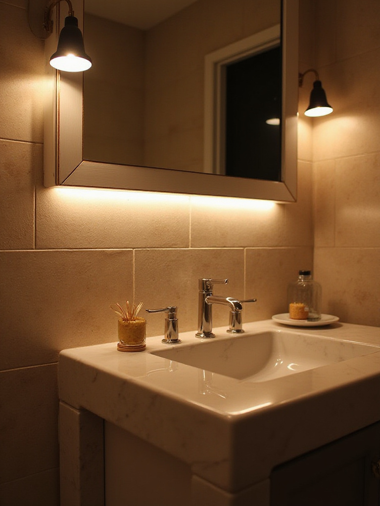 Luxurious bathroom with dimmable lighting fixtures creating a serene atmosphere.