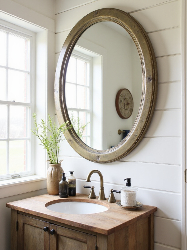 A rustic farmhouse bathroom featuring a large distressed mirror above a wood vanity reflecting natural light.
