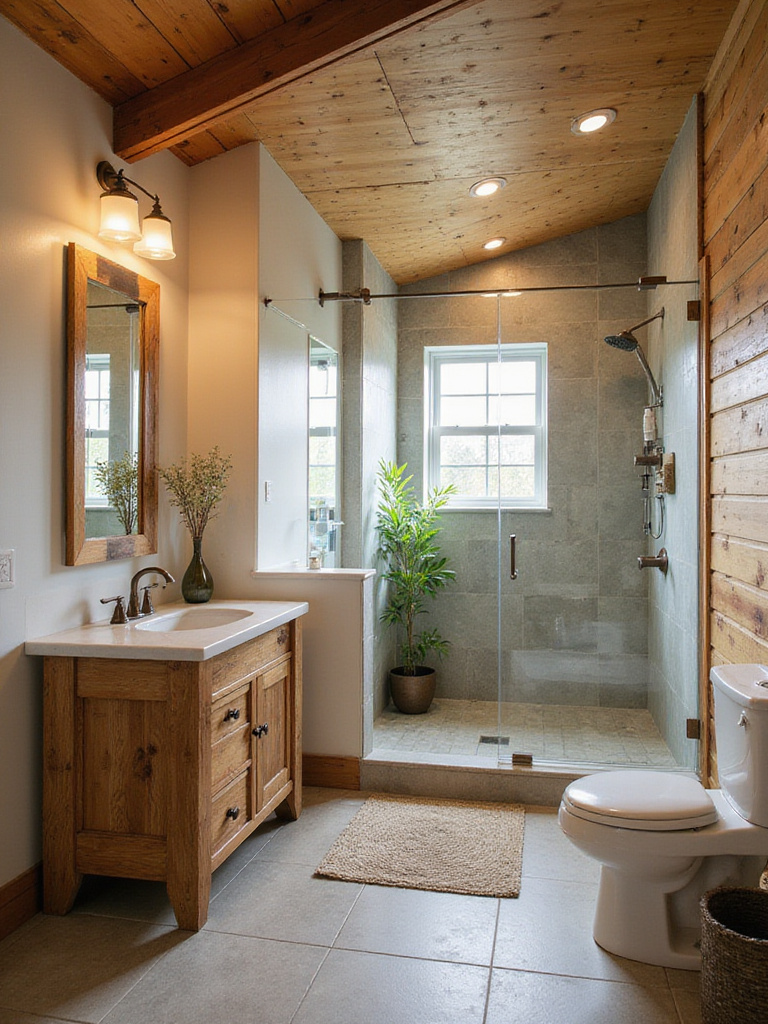 Modern bathroom featuring sustainable materials like reclaimed wood and recycled glass tiles.