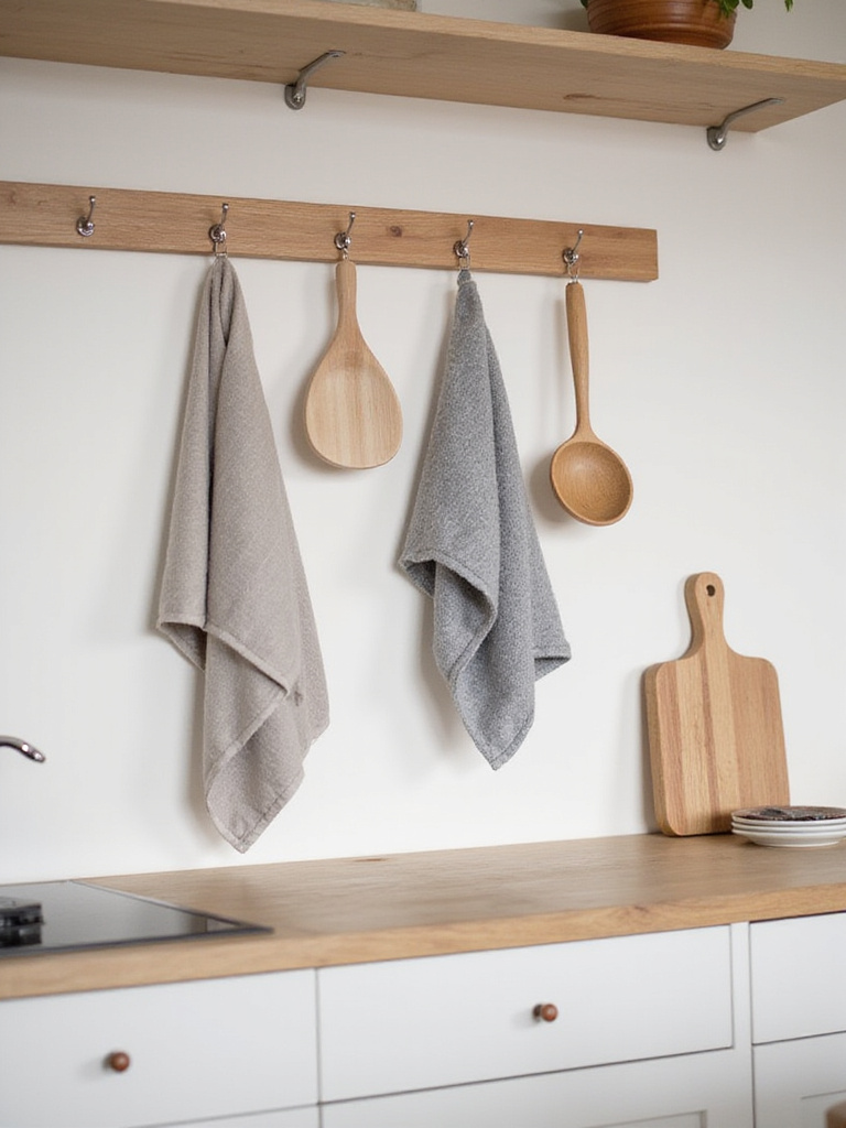 A beautifully organized Scandinavian kitchen with functional wall hooks displaying utensils and towels.