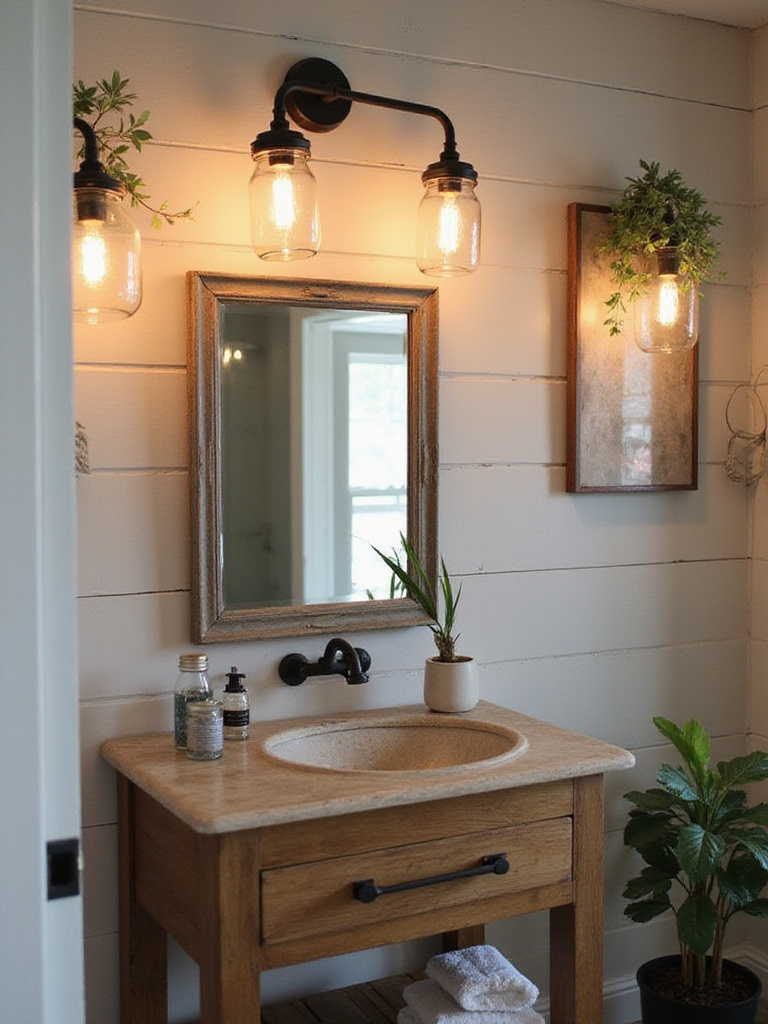 A rustic farmhouse bathroom with industrial sconces and mason jar lighting showcasing warm Edison bulbs.