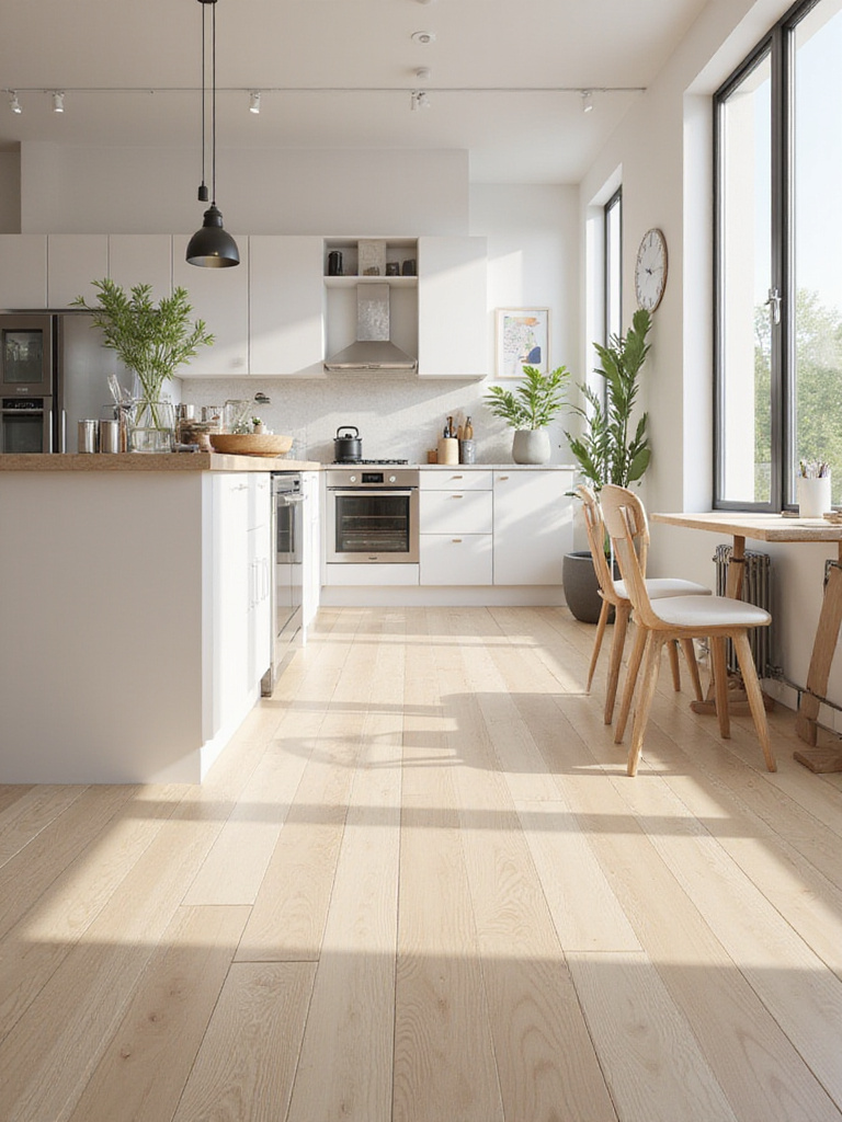 Scandinavian kitchen with light wood flooring, bright and airy atmosphere