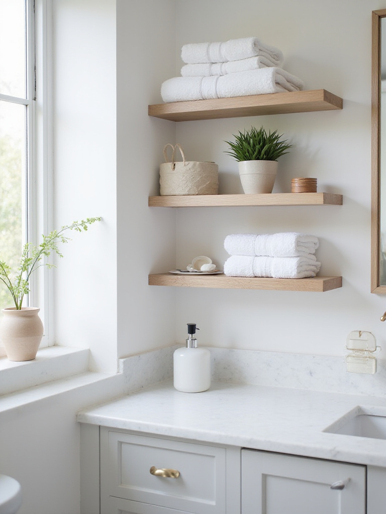 Elegant bathroom with minimalist floating shelves displaying towels and decor