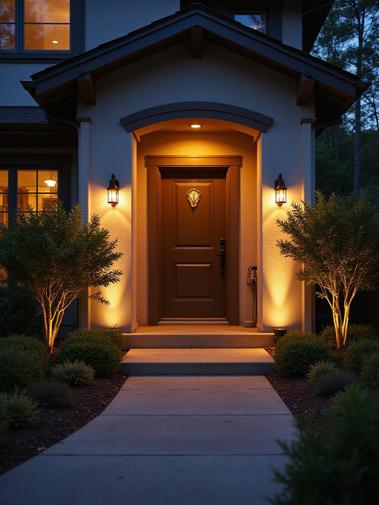Smart lighting illuminating a stylish front door area at dusk