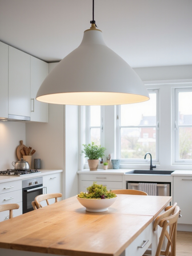 Scandinavian kitchen featuring statement pendant lights over a dining table