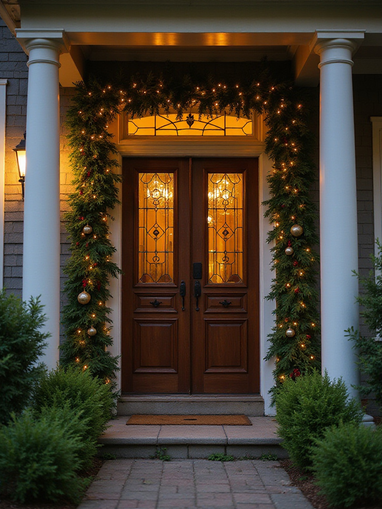 Front door beautifully framed with lush garlands