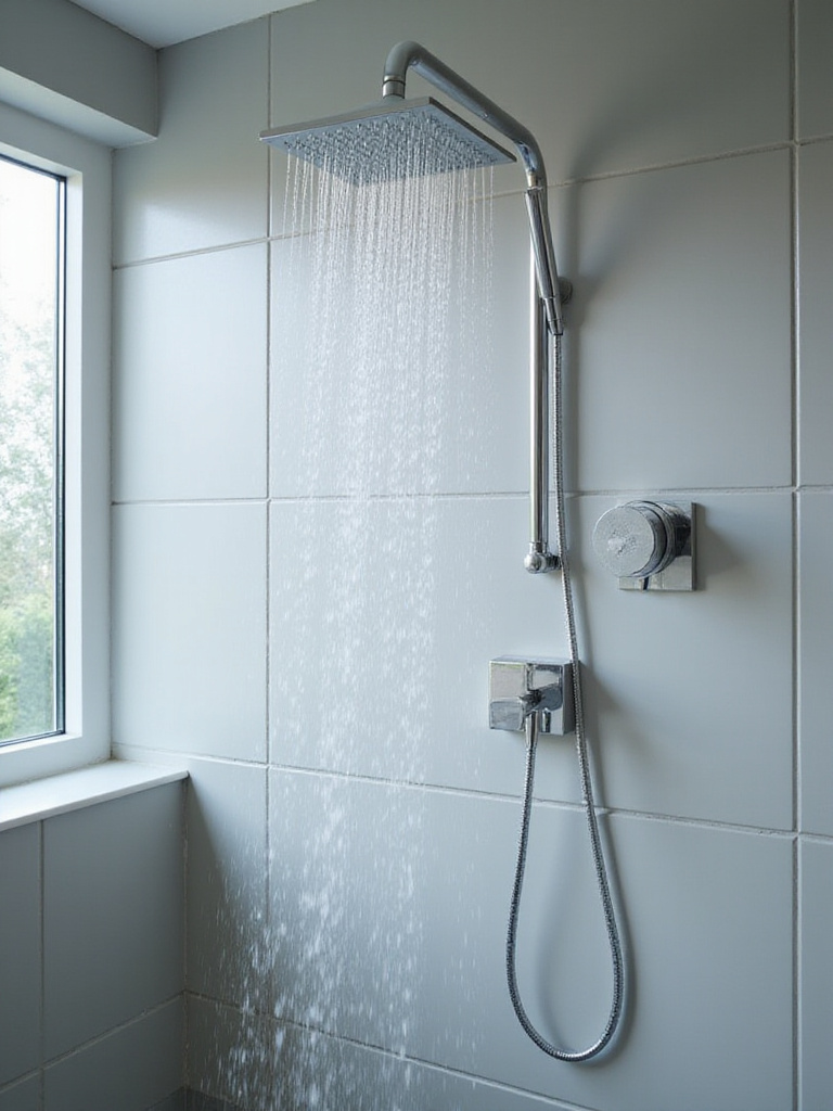 Modern bathroom with a new showerhead and soft lighting
