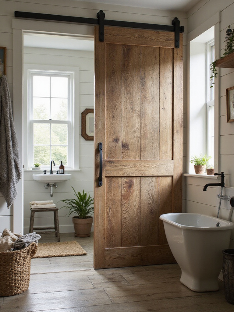 Sliding barn door in a farmhouse bathroom interior