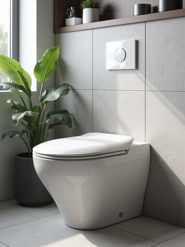 Modern bathroom featuring a high-efficiency water-saving toilet against a stylish tiled wall.