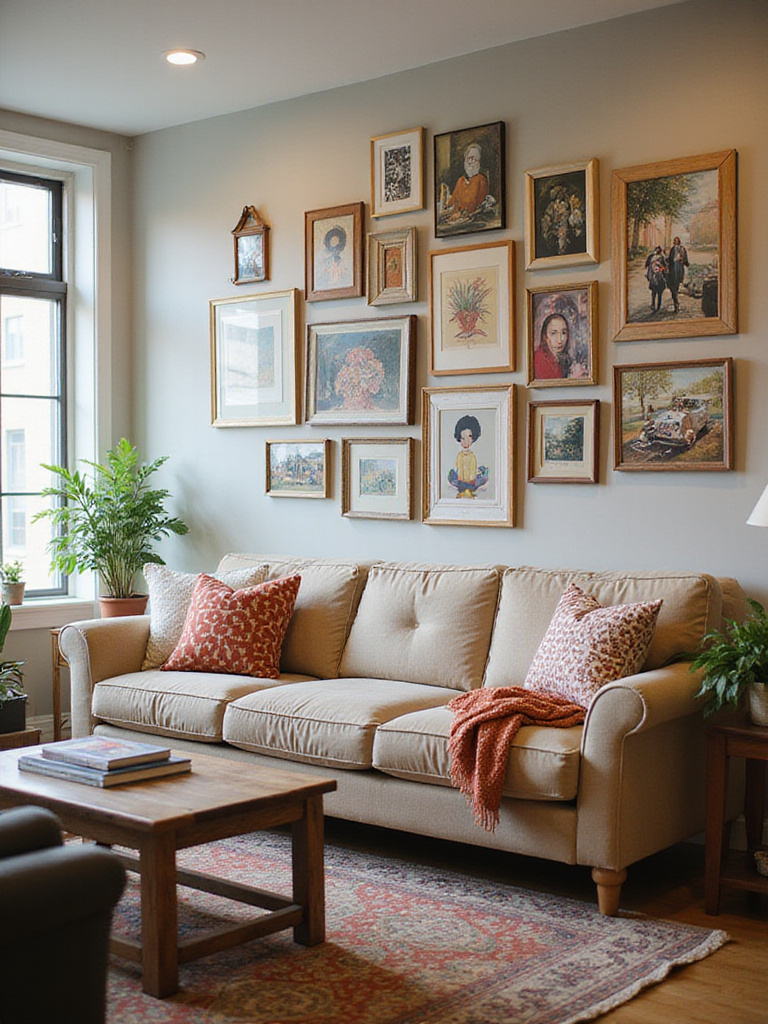 A gallery wall with personal art and photographs in a stylish living room