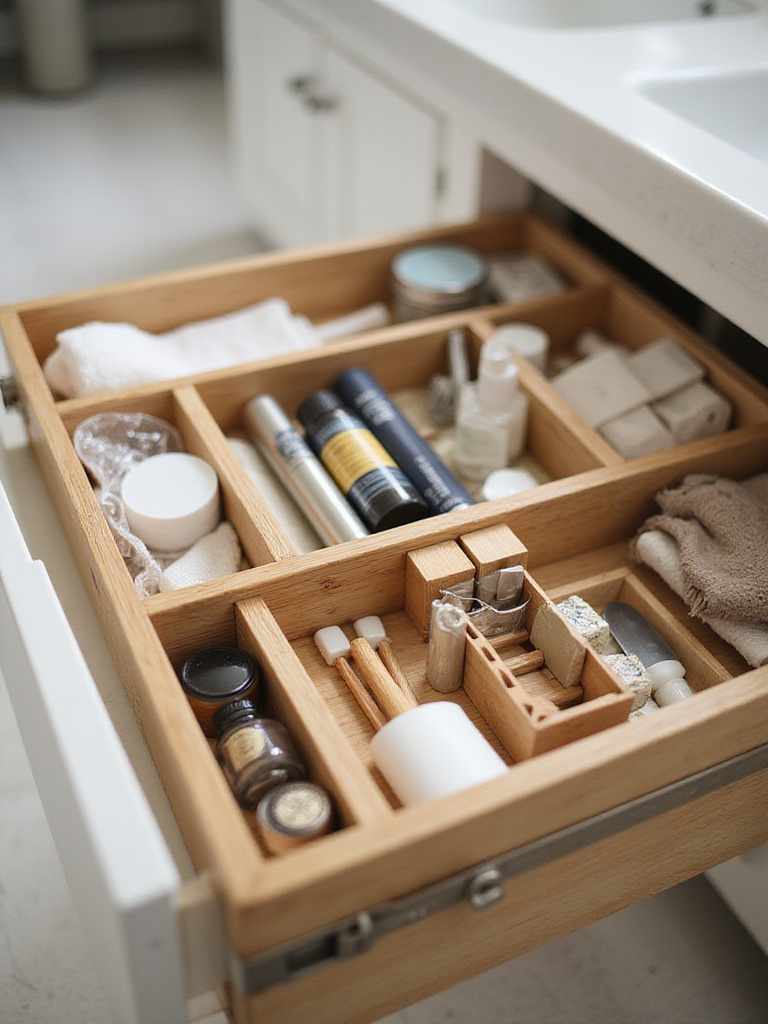 Organized bathroom drawer with bamboo dividers separating small items