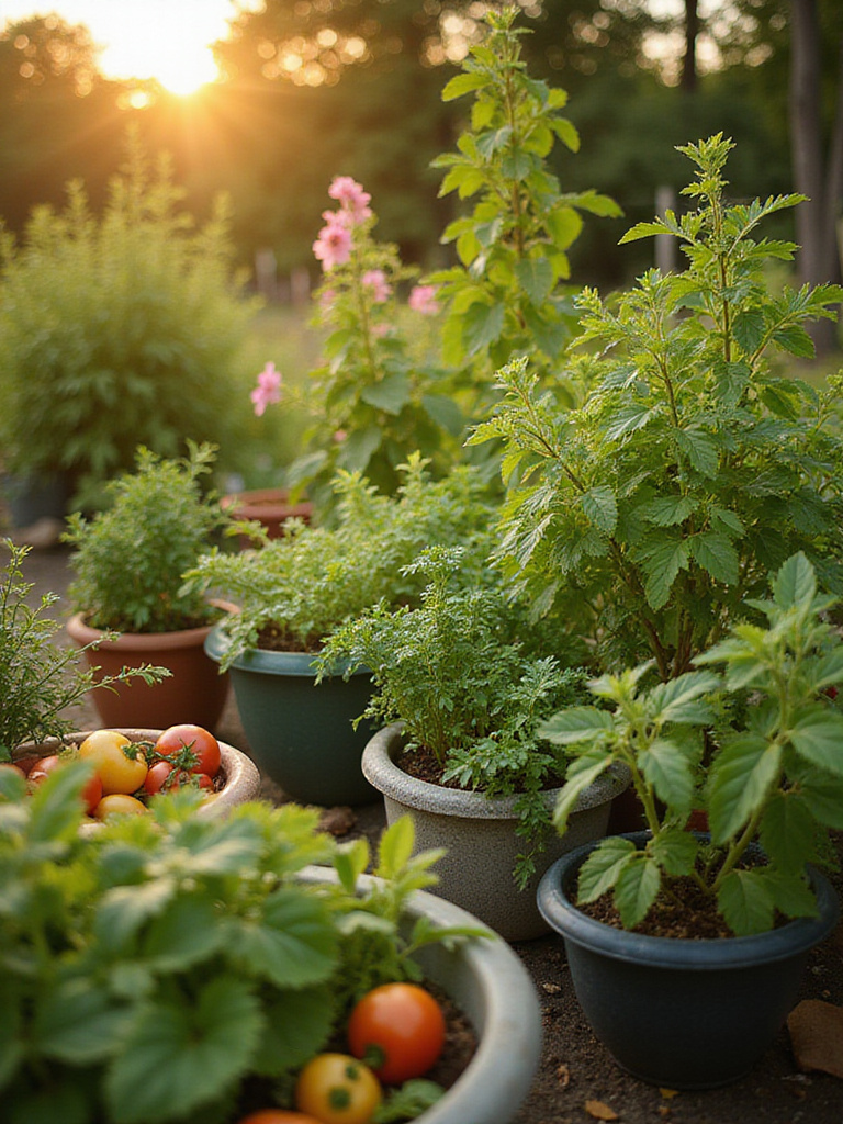 Vibrant patio garden with fresh herbs and edible plants in decorative containers