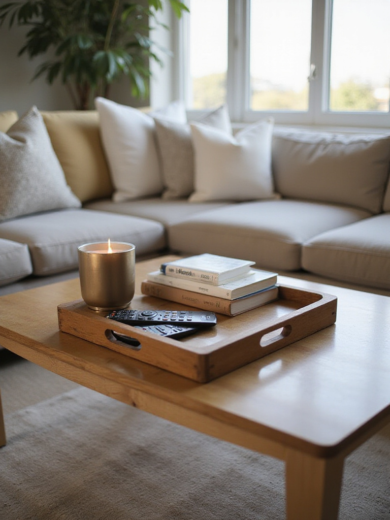 Styled coffee table with decorative tray containing books, remote controls, and a candle.