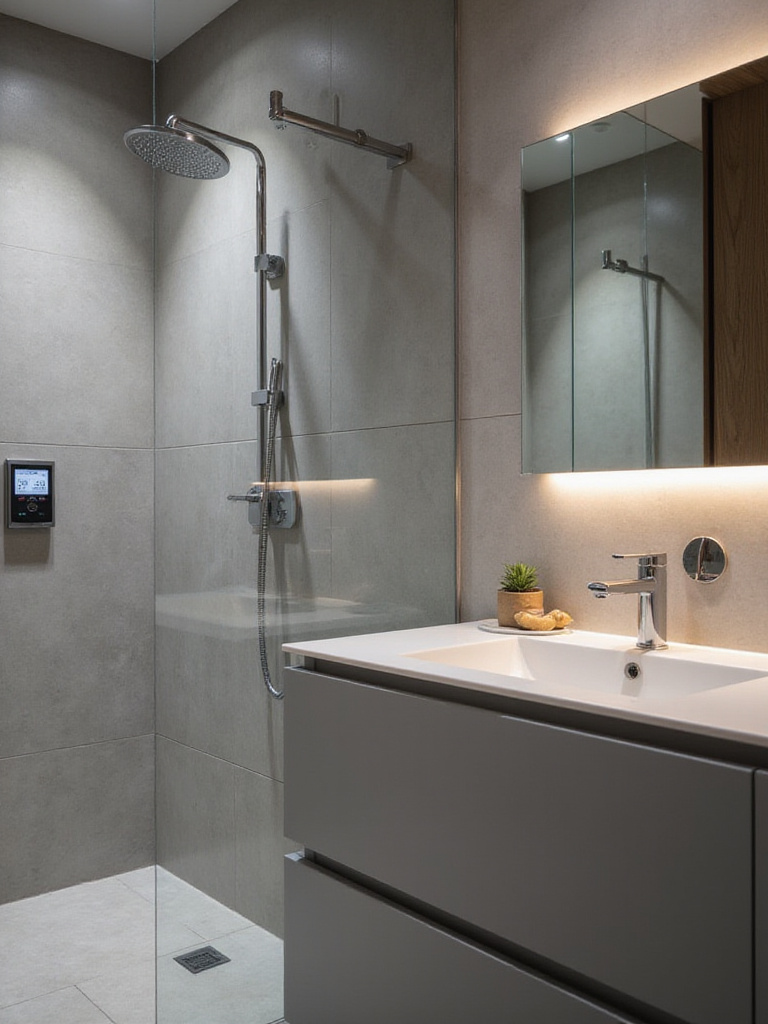 Modern bathroom featuring smart technology like a touchless faucet and smart shower controls.