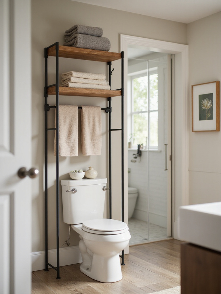 Modern bathroom with integrated towel bars and hooks on over-toilet shelving unit