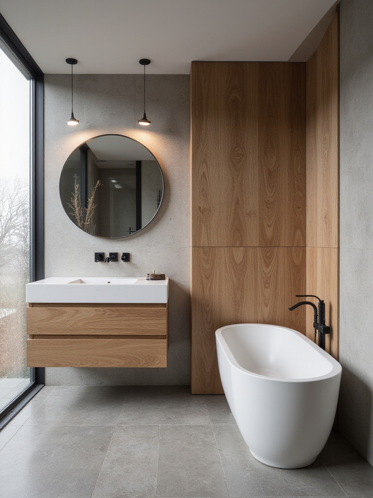 Modern bathroom featuring natural wood accents with a floating teak vanity and freestanding tub.