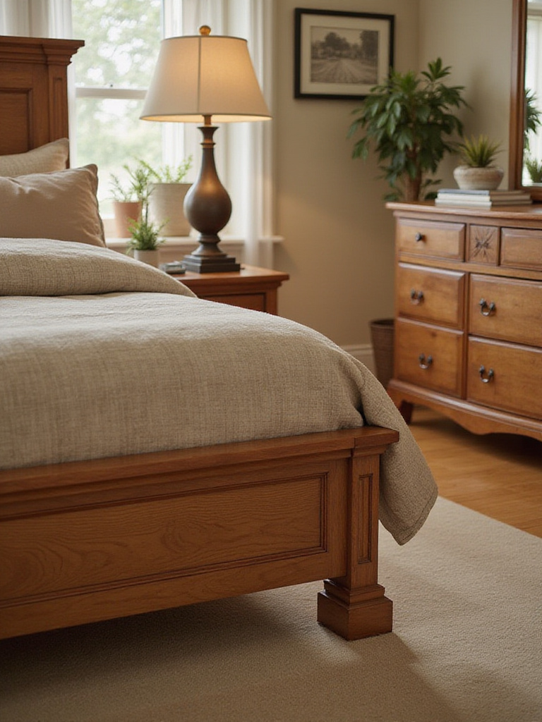 A beautifully arranged bedroom featuring durable furniture materials and finishes.