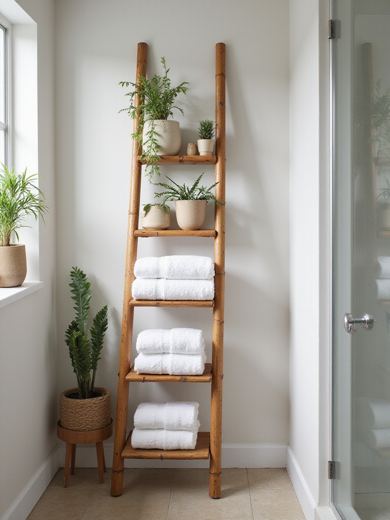 Modern bathroom with a bamboo ladder shelf displaying towels and plants