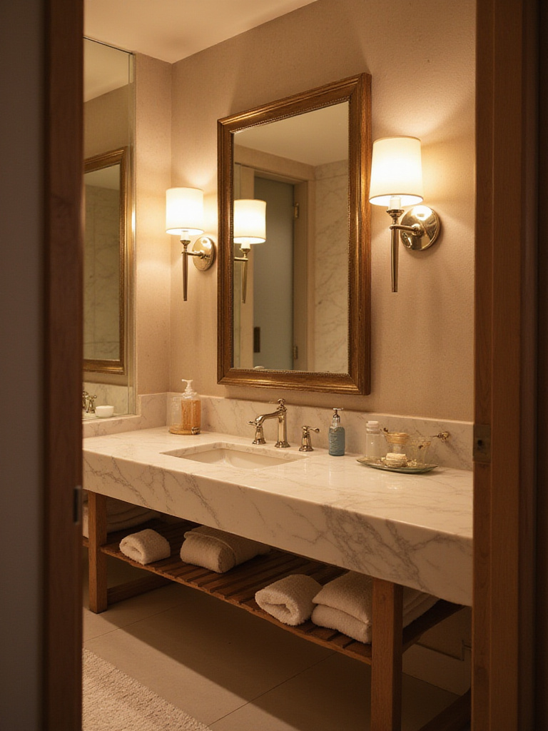 Modern bathroom with layered lighting for ambiance and task functionality