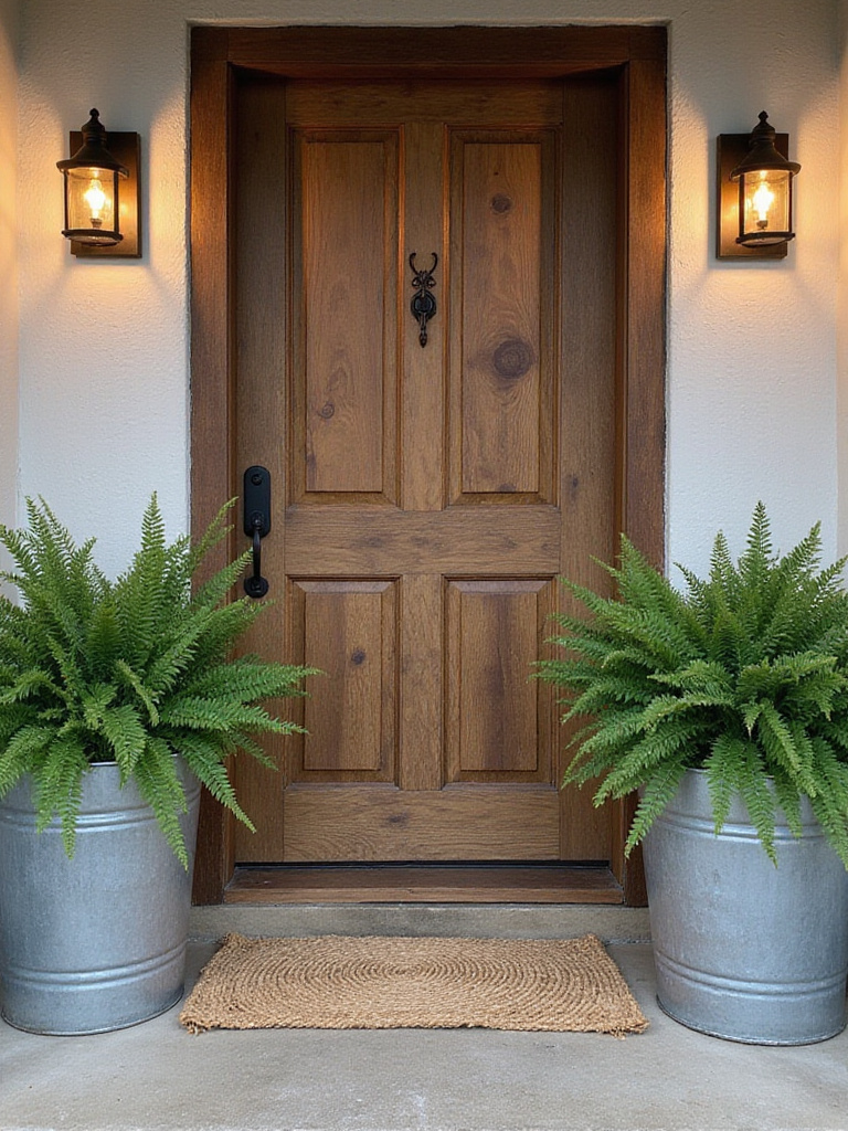 Front door with layered textures including wood, metal, and textiles for a warm and inviting look