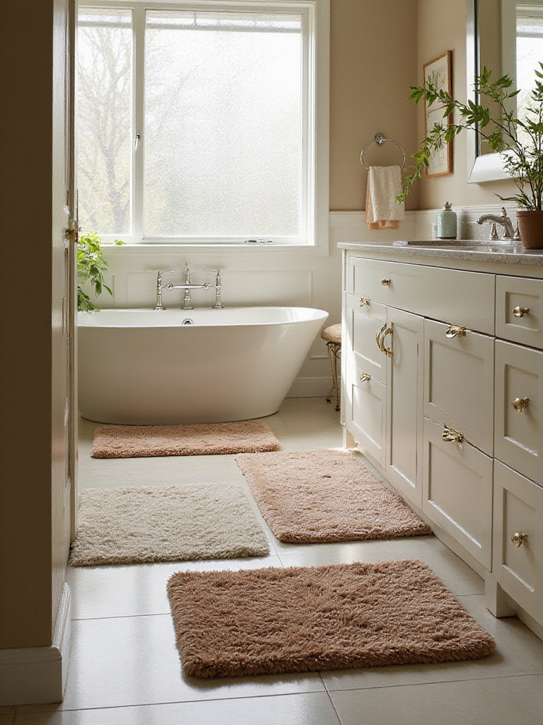 Luxurious bathroom with layered soft bath mats and rugs