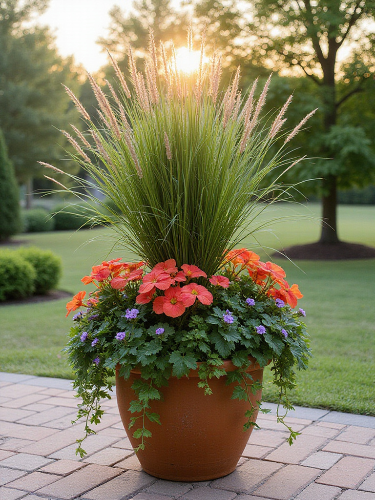 A vibrant planter arrangement featuring mixed textures and heights, including tall grass, bushy coleus, and trailing sweet potato vine on a patio.