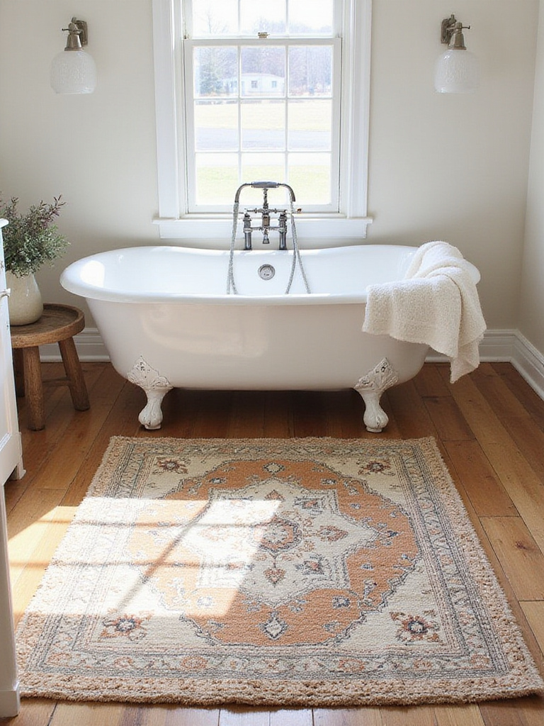 Farmhouse bathroom featuring layered vintage-inspired rugs in front of a clawfoot tub.