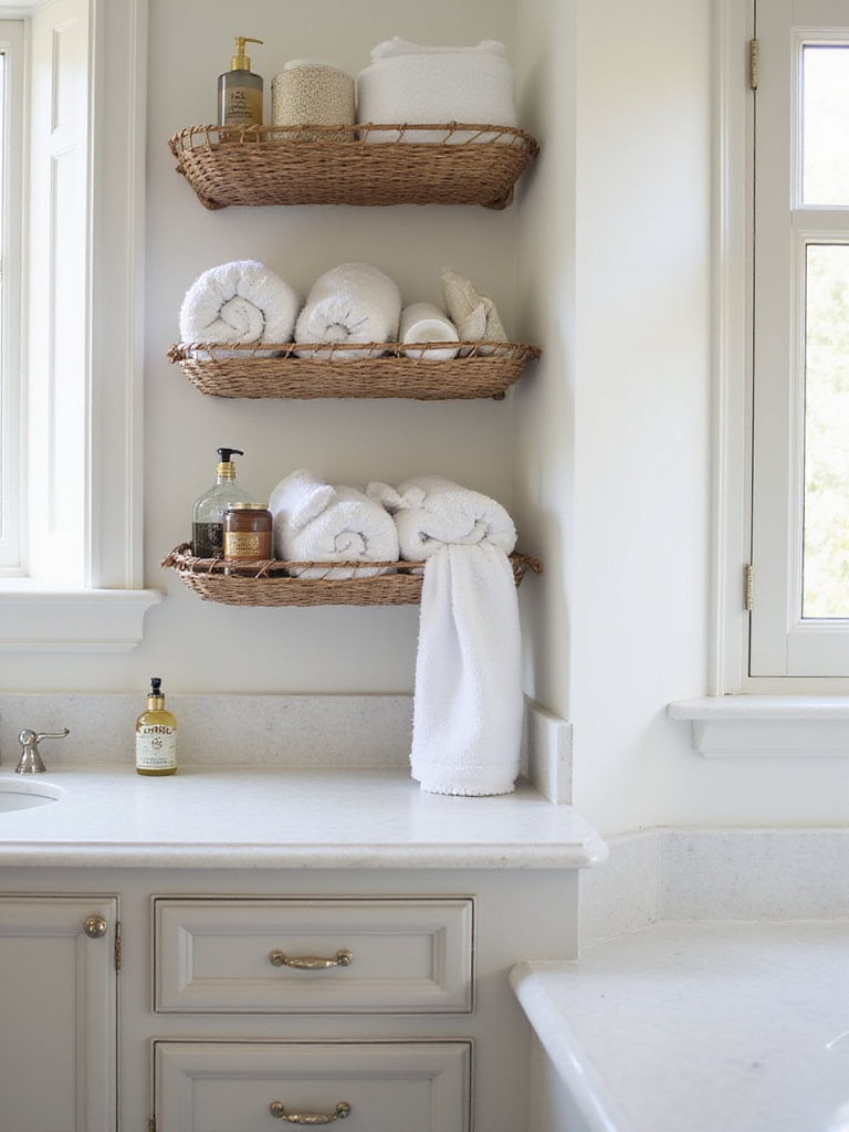 Stylish bathroom with wall-mounted baskets filled with towels and toiletries.