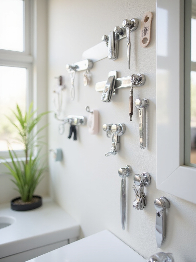 Magnetic strips installed in a bathroom holding metal beauty tools.