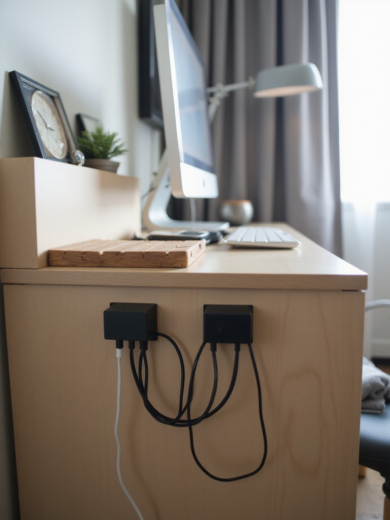Neatly organized workspace in an apartment bedroom with discreet cord organizers.