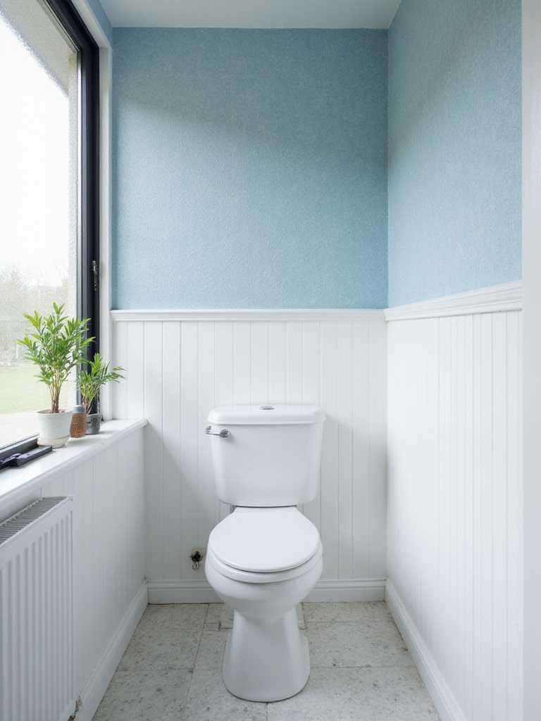 Small bathroom with strategic blue wallpaper creating an illusion of expansion.