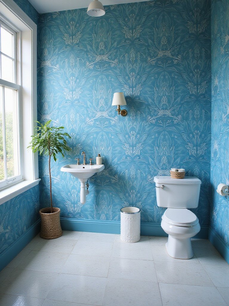 A clean and stylish bathroom showcasing vibrant blue wallpaper.