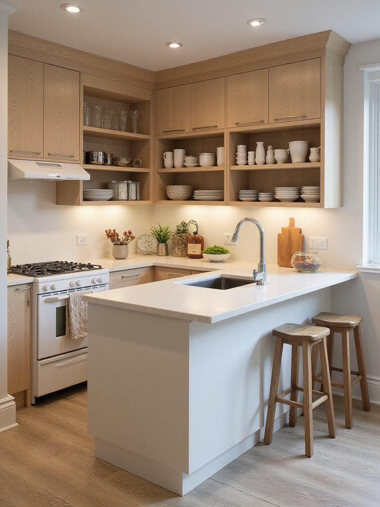 Professional photo of a modern small kitchen with multi-functional furniture solutions.