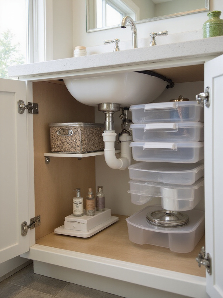 Organized under-sink cabinet with clear bins and tiered shelves in a modern bathroom