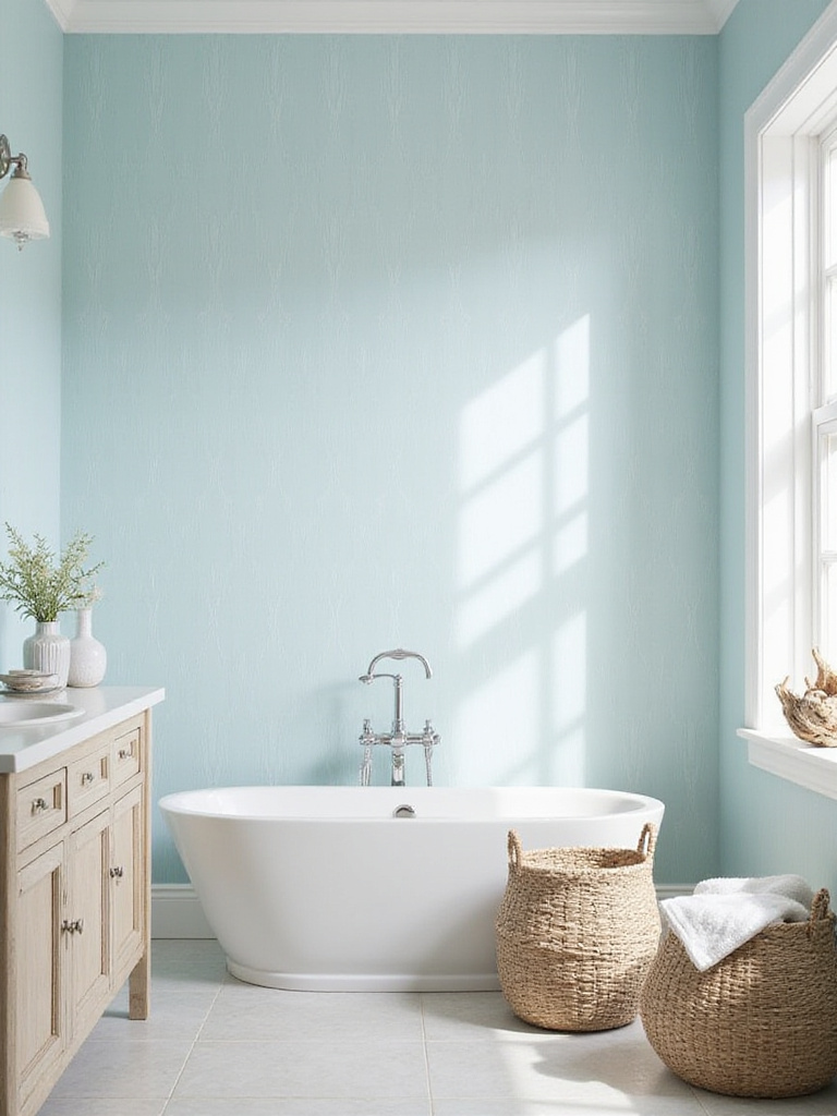 A tranquil bathroom with blue wallpaper and coastal decor, showcasing an airy and serene atmosphere.