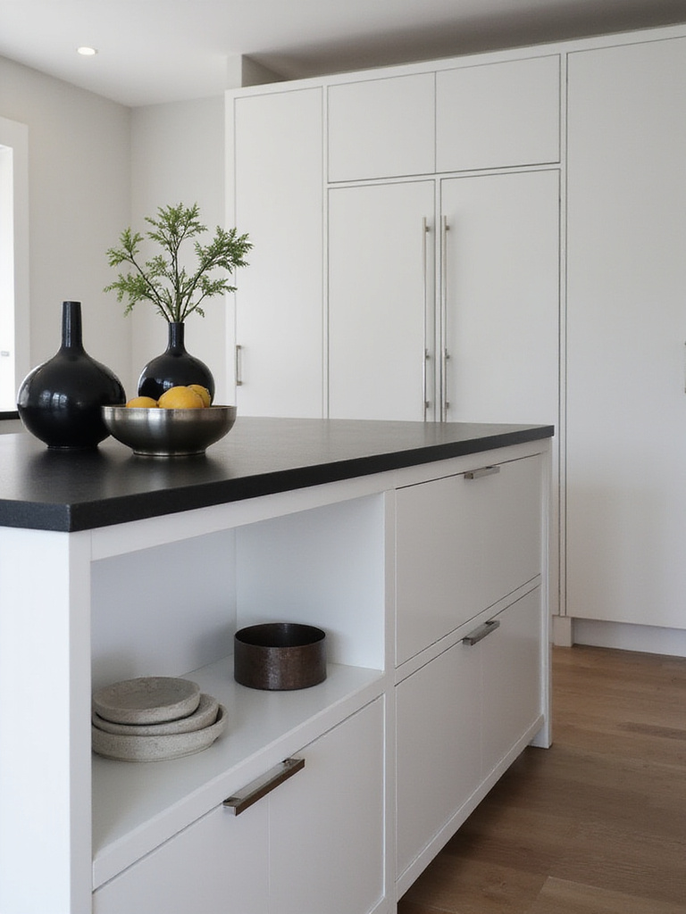 Kitchen island decorated in a modern minimalist style matching the overall kitchen design.