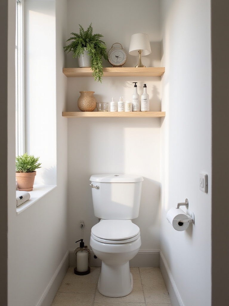 Elegant over-toilet shelf in a stylish bathroom with decorative items.