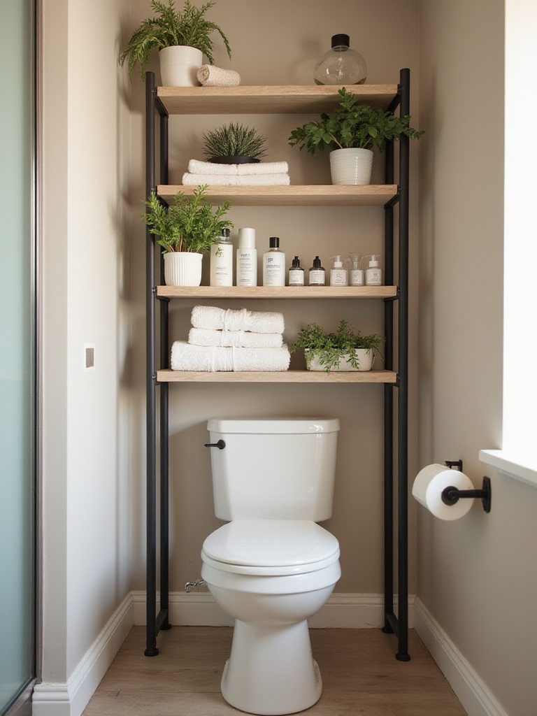 Organized tiny bathroom with vertical storage above the toilet, showcasing shelves filled with towels and toiletries.