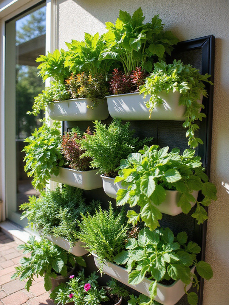 Portrait of a vibrant vertical garden on a sunny patio with a variety of plants.