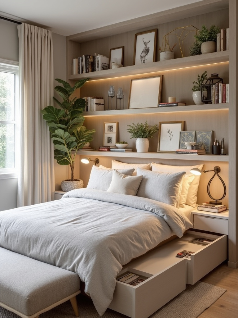A well-organized bedroom with creative storage solutions including under-bed drawers and floating shelves.