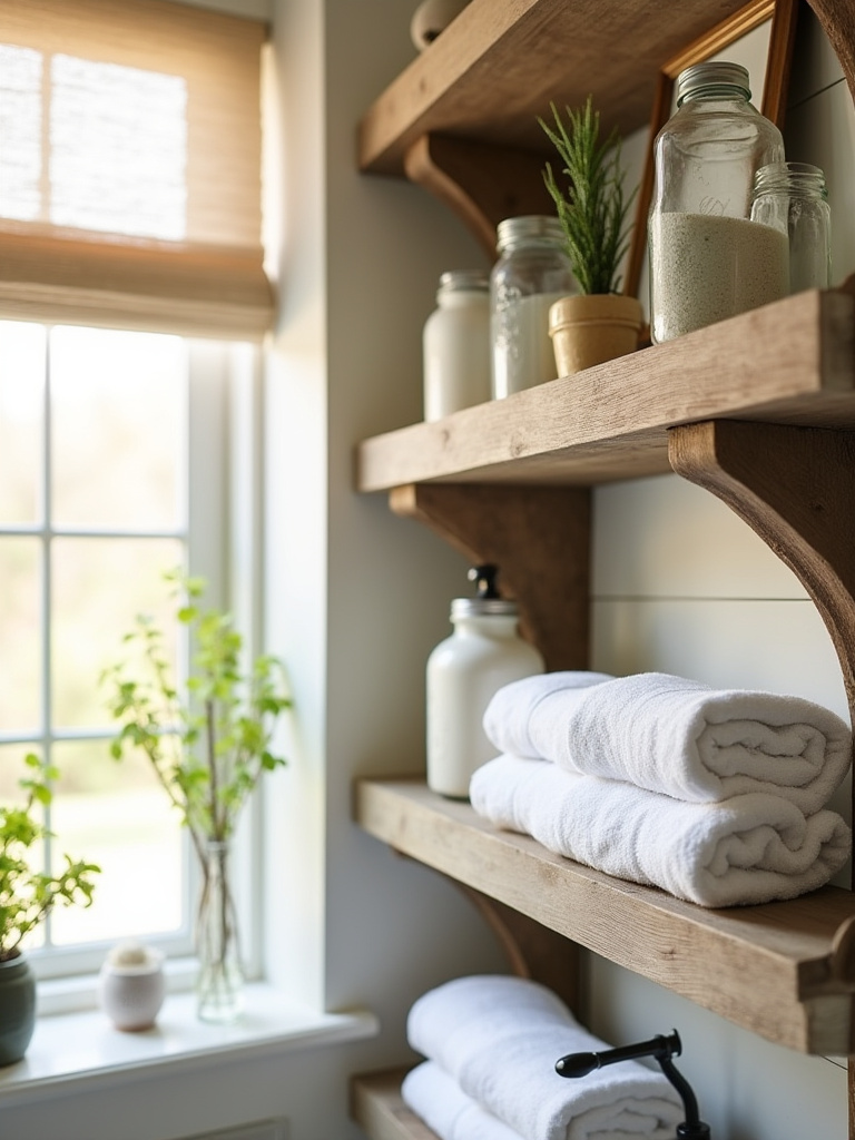 Farmhouse bathroom with open shelving displaying towels and decor items.