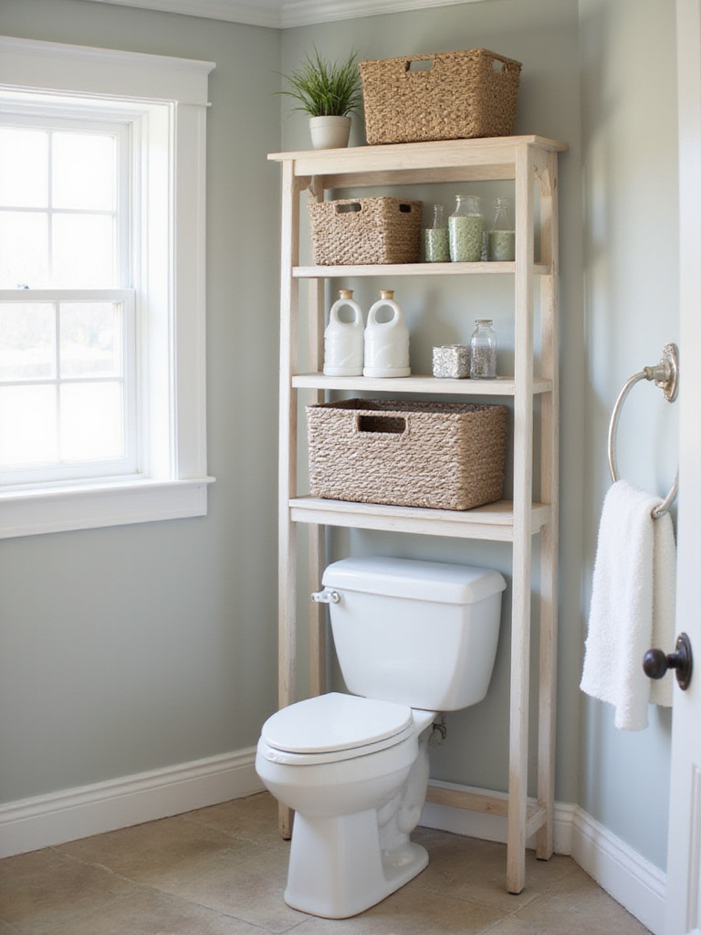 Organized bathroom with an over-the-toilet storage unit displaying toiletries and baskets