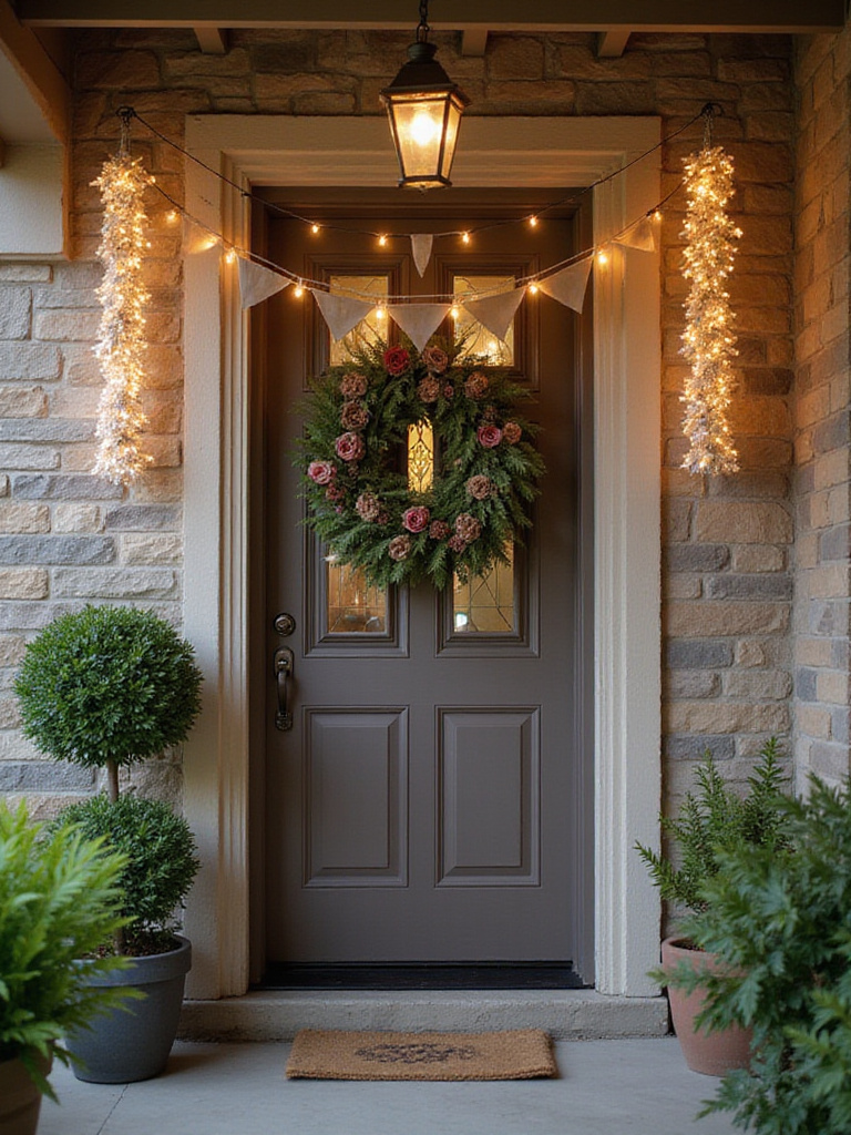 Front door with hanging decor including lights and banners for enhanced curb appeal.