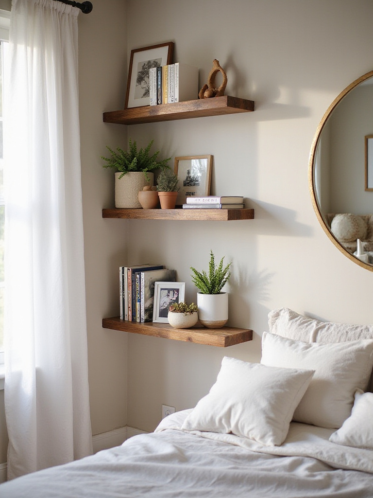 Stylish bedroom with wall-mounted shelving and organized decor