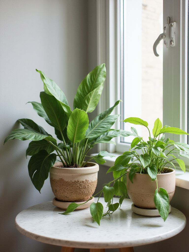 Cozy apartment corner with low-maintenance plants in decorative pots