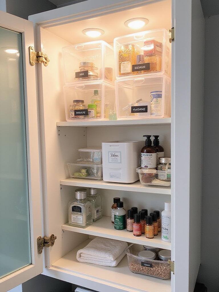 Organized medicine cabinet with clear bins and labeled sections